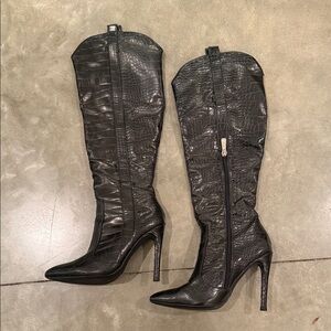 Black Croc-Embossed Knee-High Boots